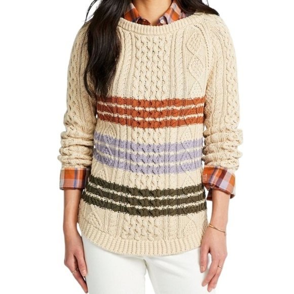 L.L. Bean Sweaters - L.L. Bean Beige Stripe Chunky Cotton Cable Knit Fisherman Tunic Sweater Large